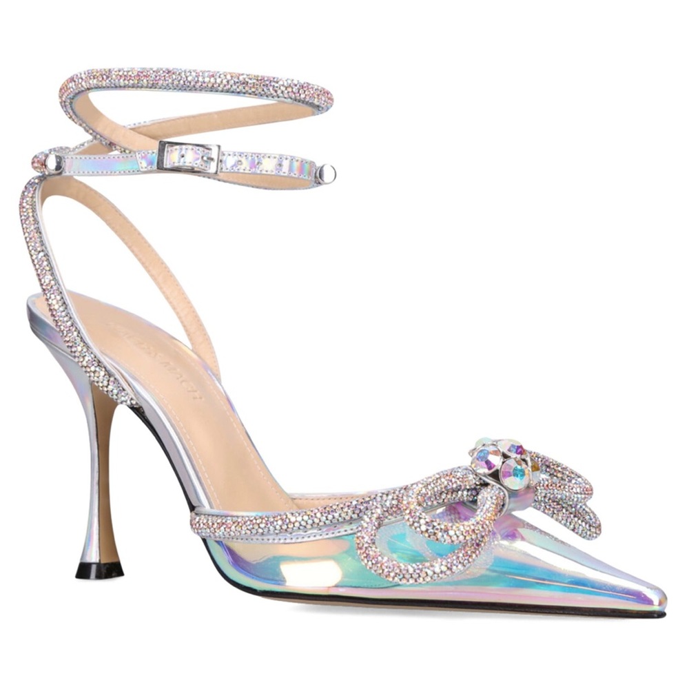 MACH & MACH Iridescent Crystal Bow Pointed Toe Stiletto Sandals